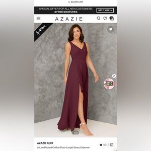 Azazie Kori A-Line Pleated Chiffon Floor-Length Dress Cabernet Size 8.